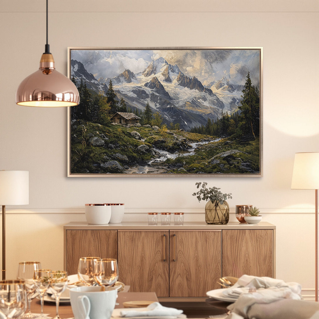 Framed Wall Art: Mountain landscape painting in neutral tones. Perfect for adding a touch of nature to your home decor. Shop now!