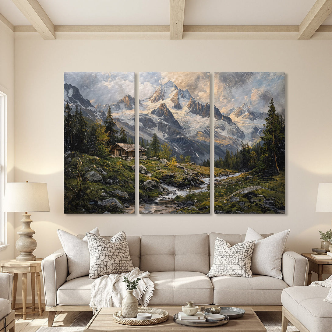 Canvas Print of a mountain landscape in a warm, inviting interior. Features a serene, painterly style with a cool, earthy color palette.