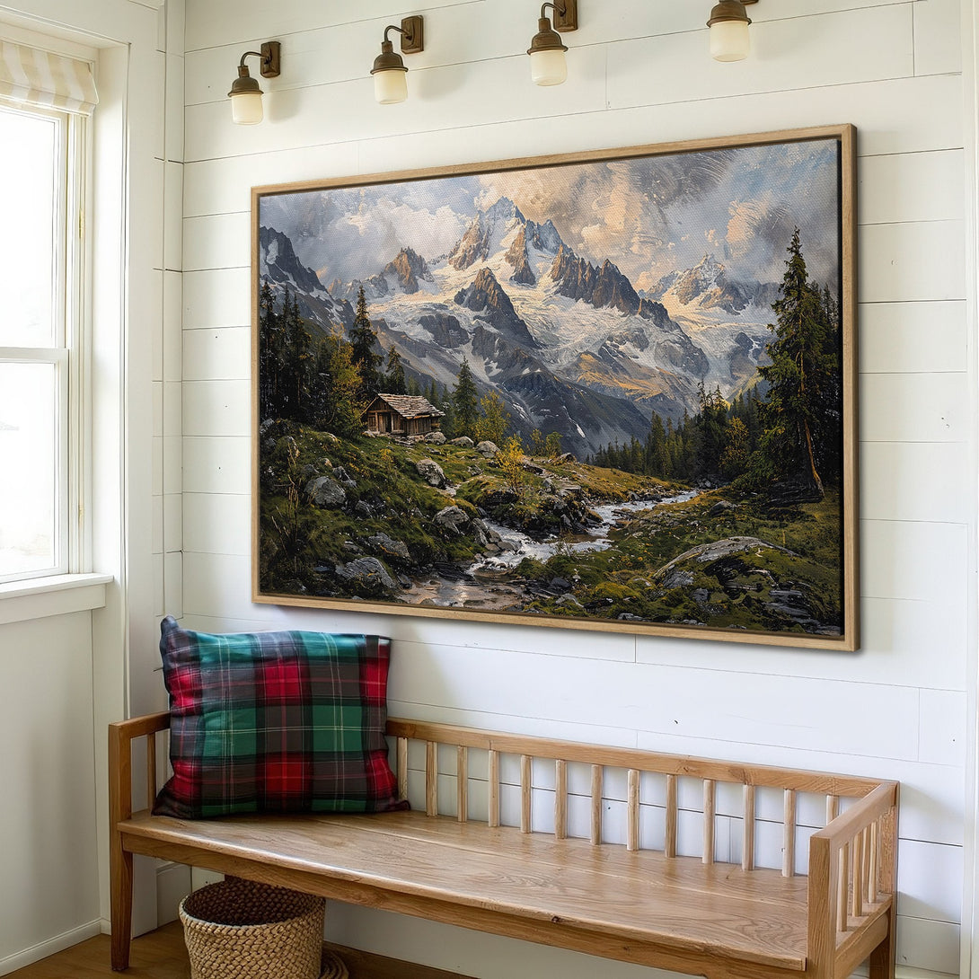 Framed Wall Art: Majestic mountain landscape Canvas Print in a rustic interior. Featuring a serene color palette of blues, greens, and earth tones.