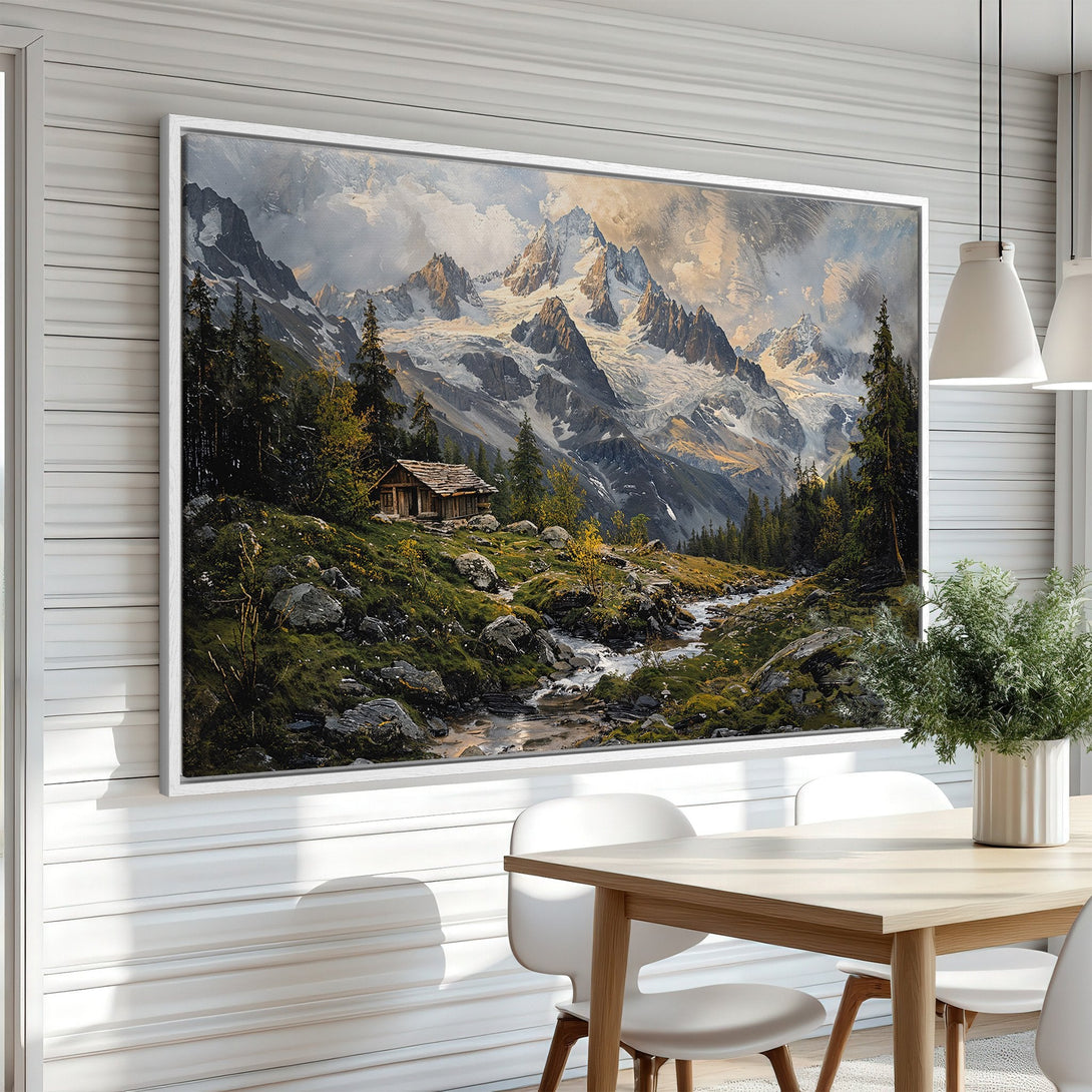 Framed Wall Art: Majestic mountain landscape canvas print in a neutral color palette. Bring the beauty of nature into your home!