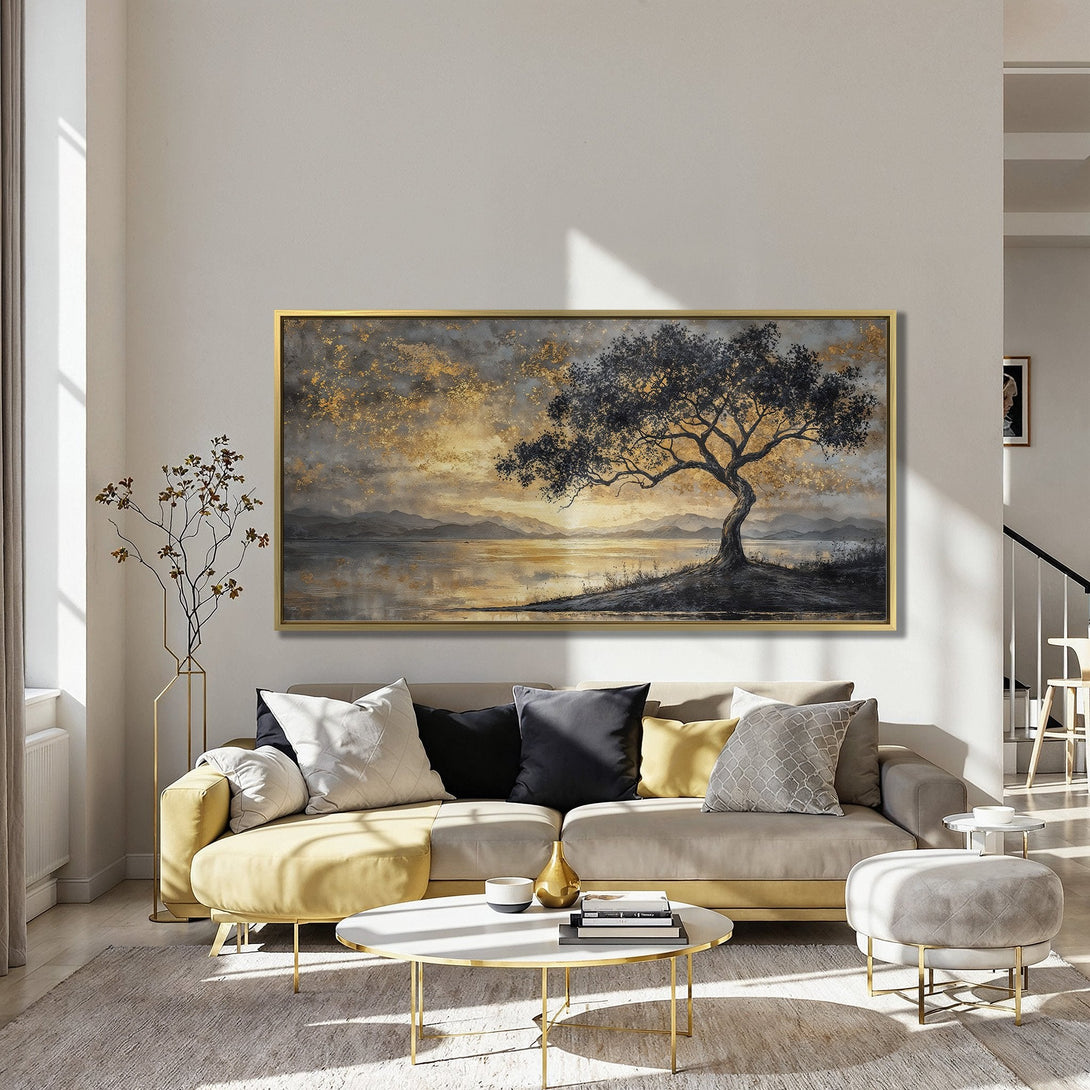 Canvas Print: Dramatic landscape art with a tree, gold accents, and a moody color palette. Perfect for adding elegance to your home.