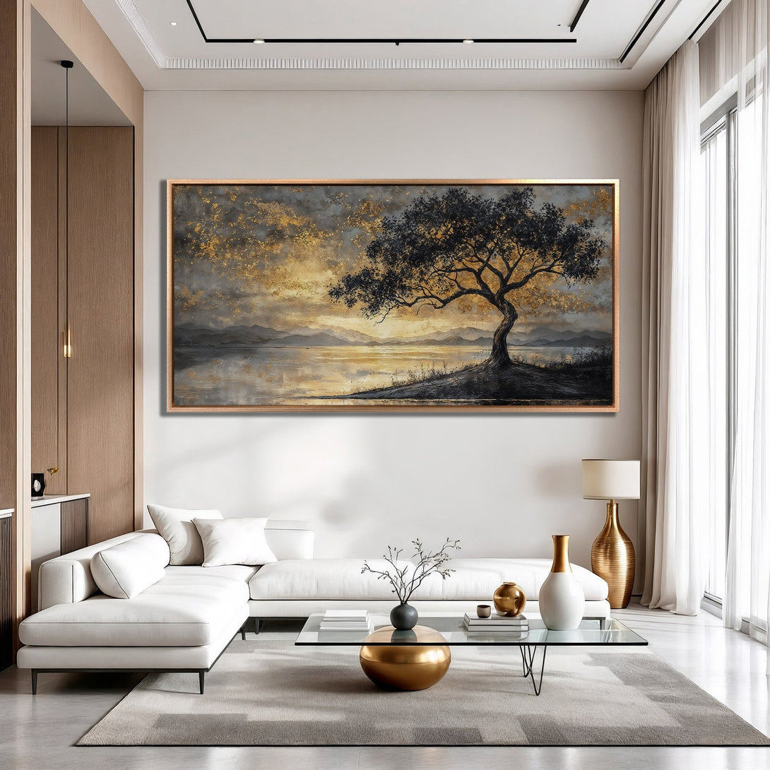 Framed Wall Art: Stunning tree art print in gold and grey hues. Elevate your space with this elegant, modern canvas print. Perfect for living rooms!
