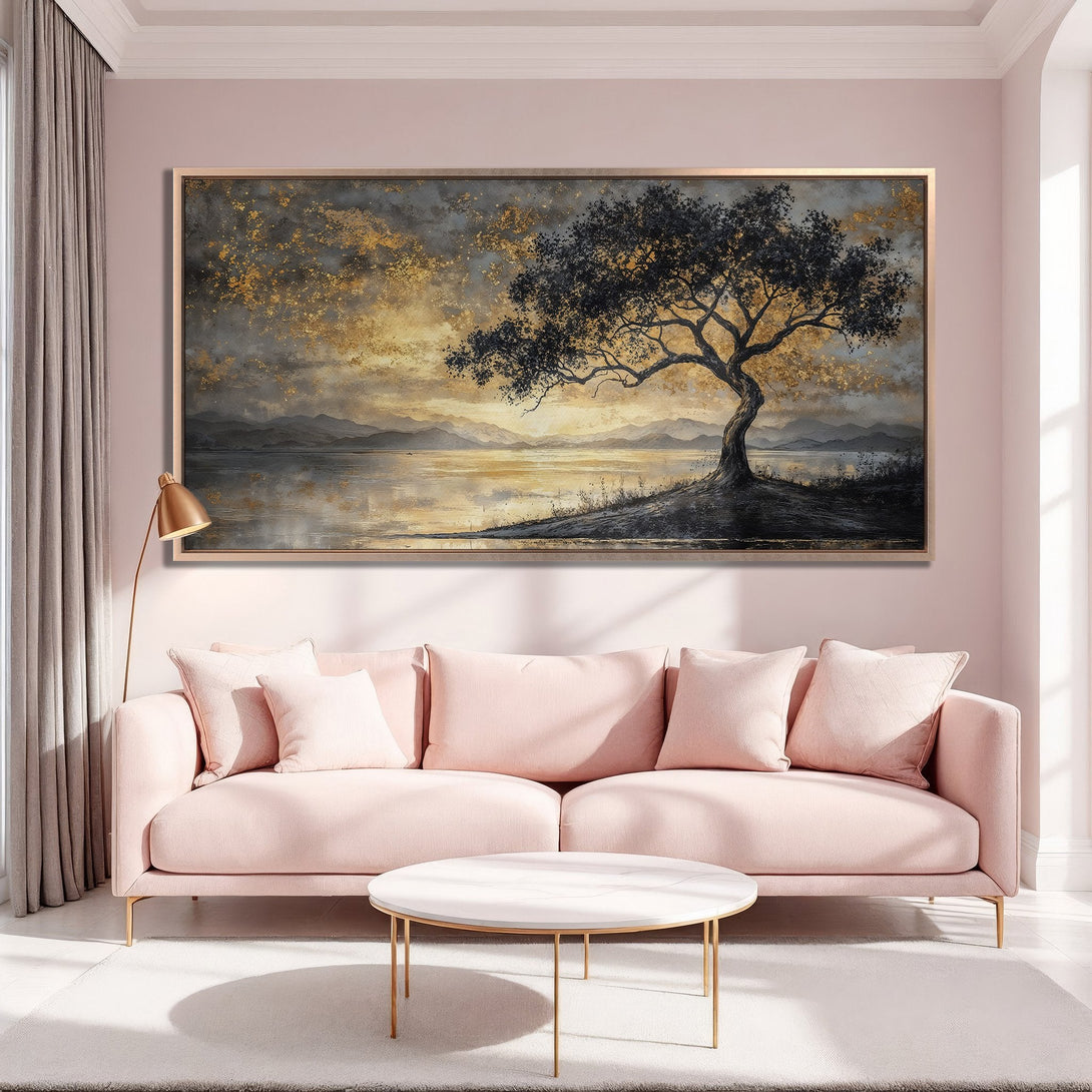 Framed Wall Art: Abstract landscape Canvas Print with a tree, featuring a gold, gray, and black color palette, perfect for elegant home decor.