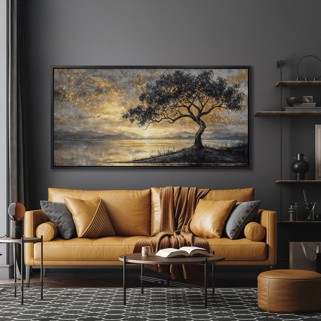 Framed Wall Art: Abstract tree landscape in neutral tones with gold accents. Perfect for living room decor. Modern style, warm color palette.