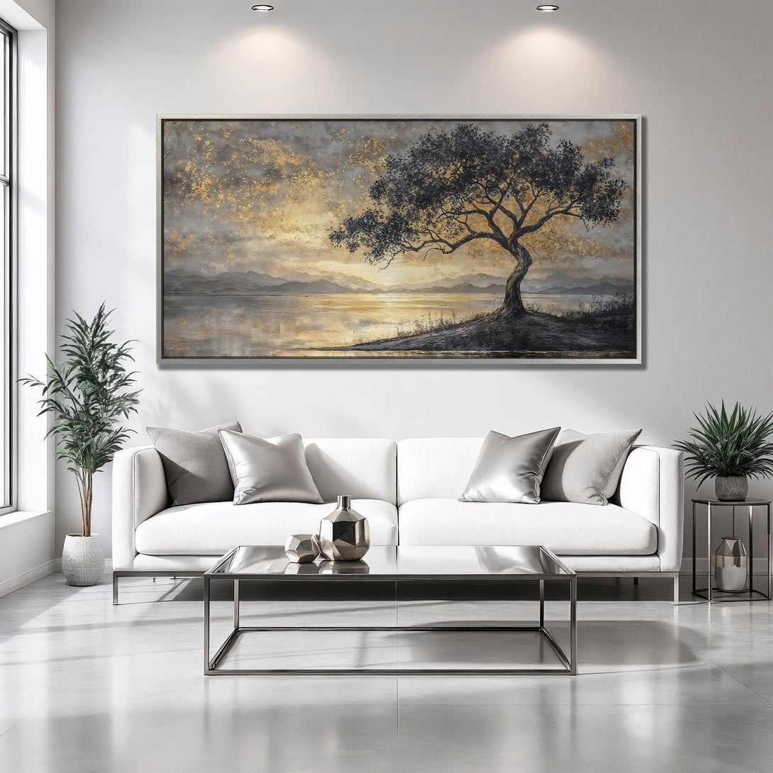Framed Wall Art: Landscape Canvas Print with a serene tree scene in gold, gray, and neutral tones. Perfect for modern home decor.