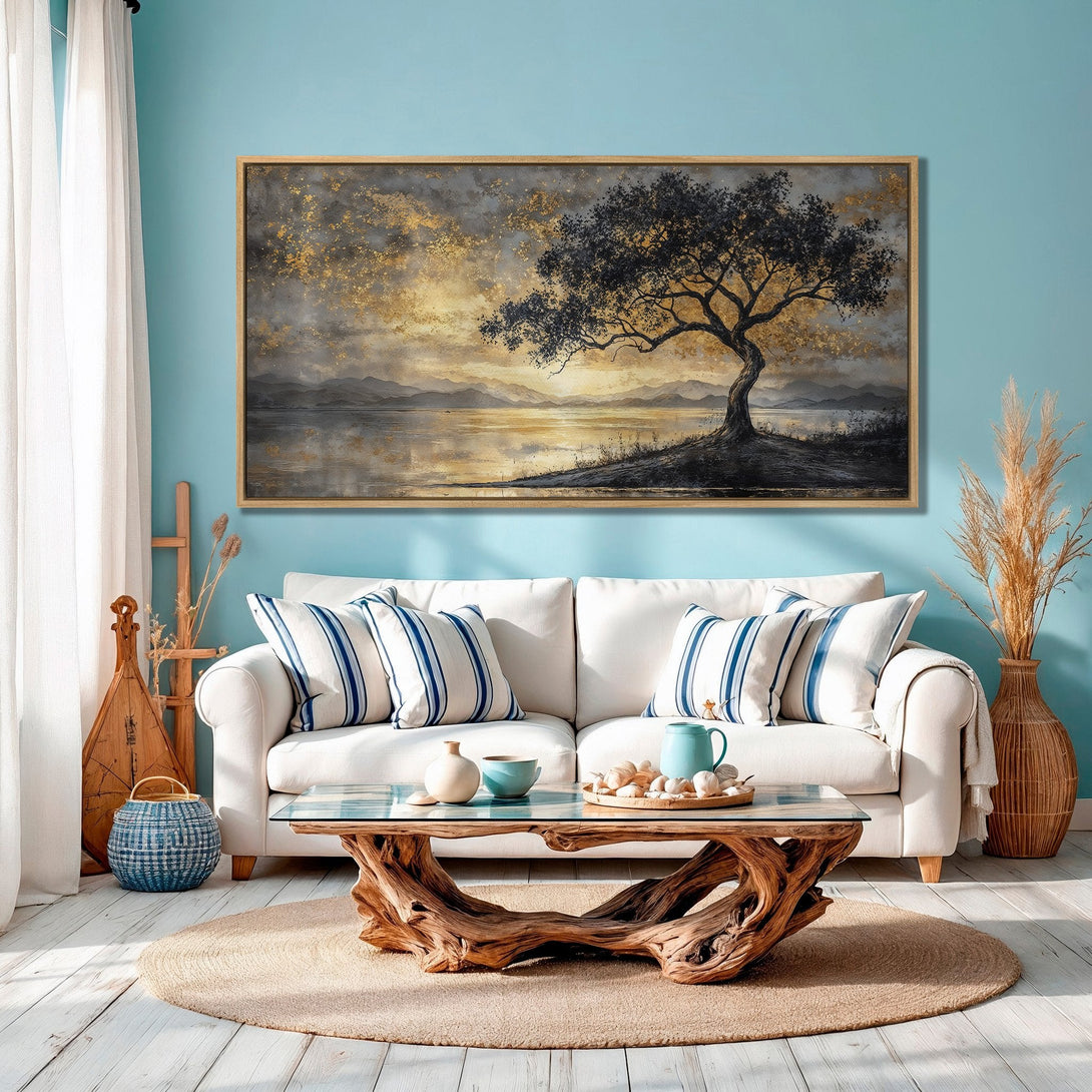 Framed Wall Art: Tree landscape painting in gold, gray, and black. Modern art for living room decor. Coastal color palette.