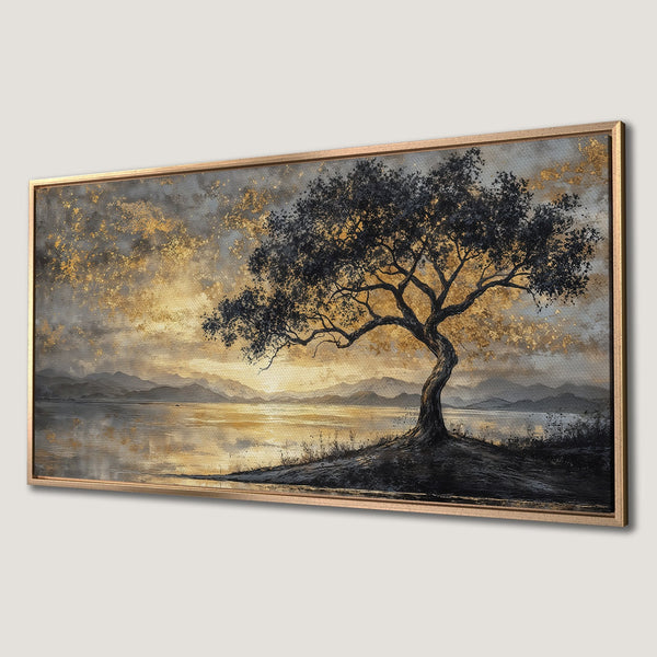 Framed Wall Art: Serene landscape Canvas Print featuring a majestic tree in a gold, gray, and black color palette. Perfect for adding a touch of elegance.