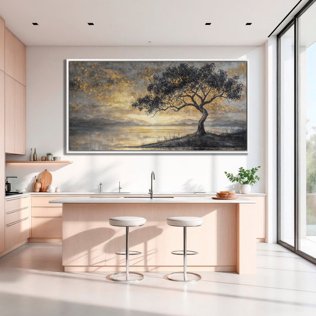 Framed Wall Art: Serene landscape Canvas Print with a lone tree, gold and gray tones, displayed in a modern kitchen. Elevate your space!