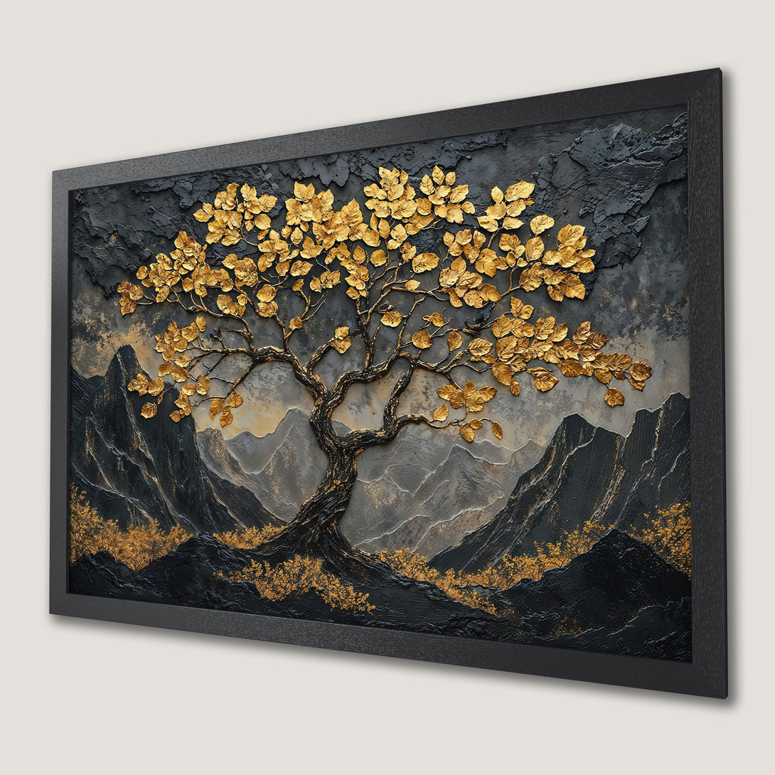 Framed Poster of a golden tree in a dark, textured style. Stunning art with gold and black hues.