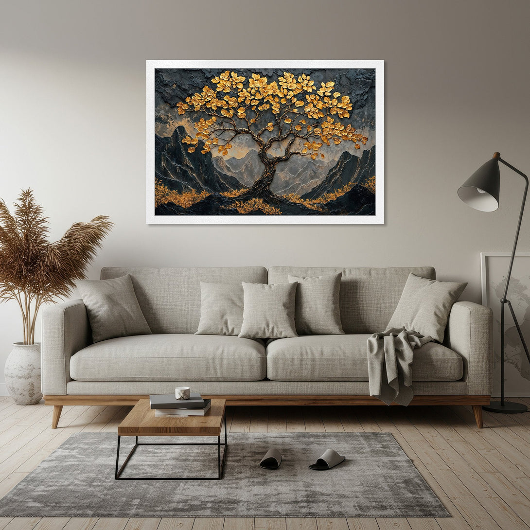 Framed Poster featuring a gold tree artwork. Modern style with a dark, moody palette and gold accents. Perfect wall decor.