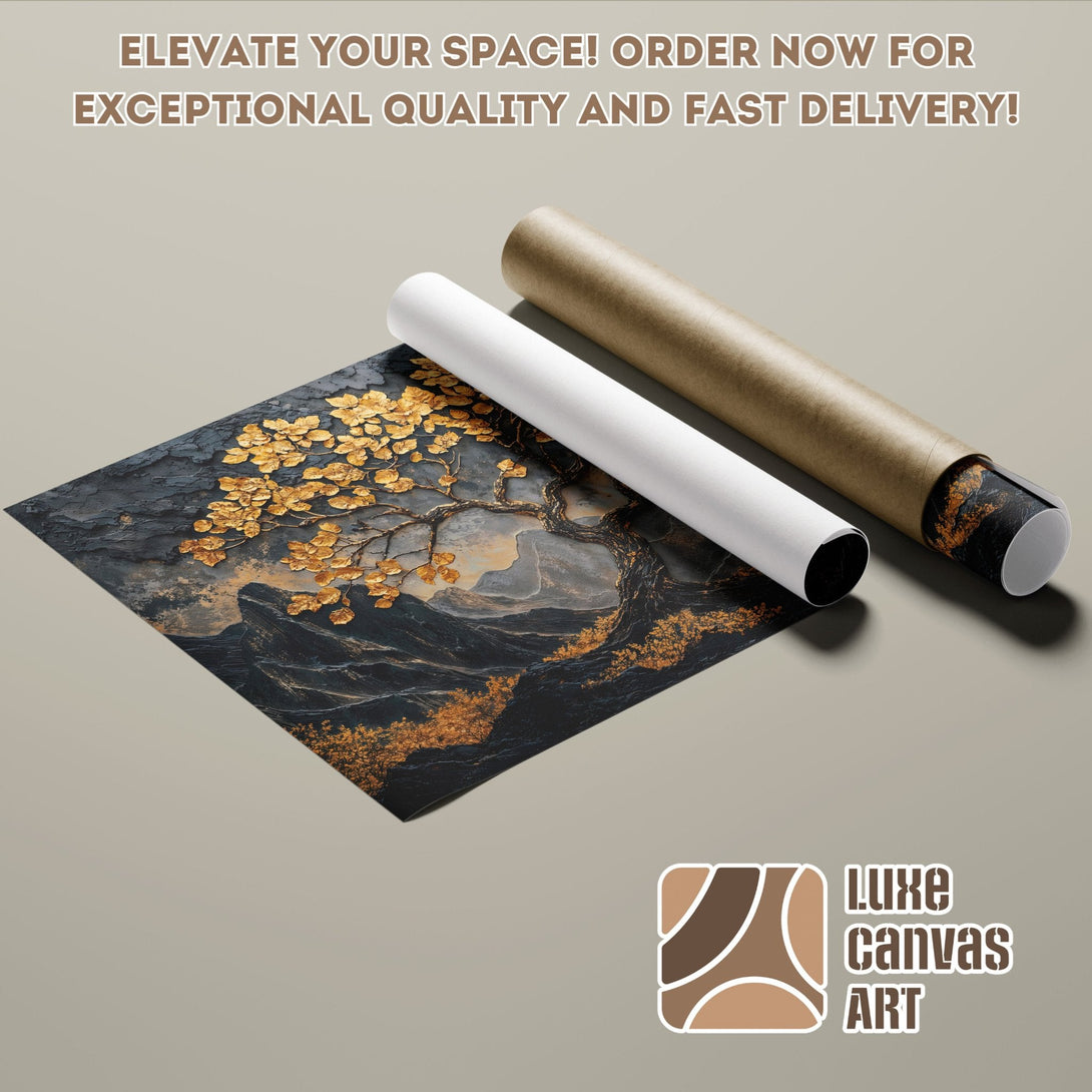 Poster Roll featuring a gold tree artwork, dark and gold color palette, perfect for home decor.