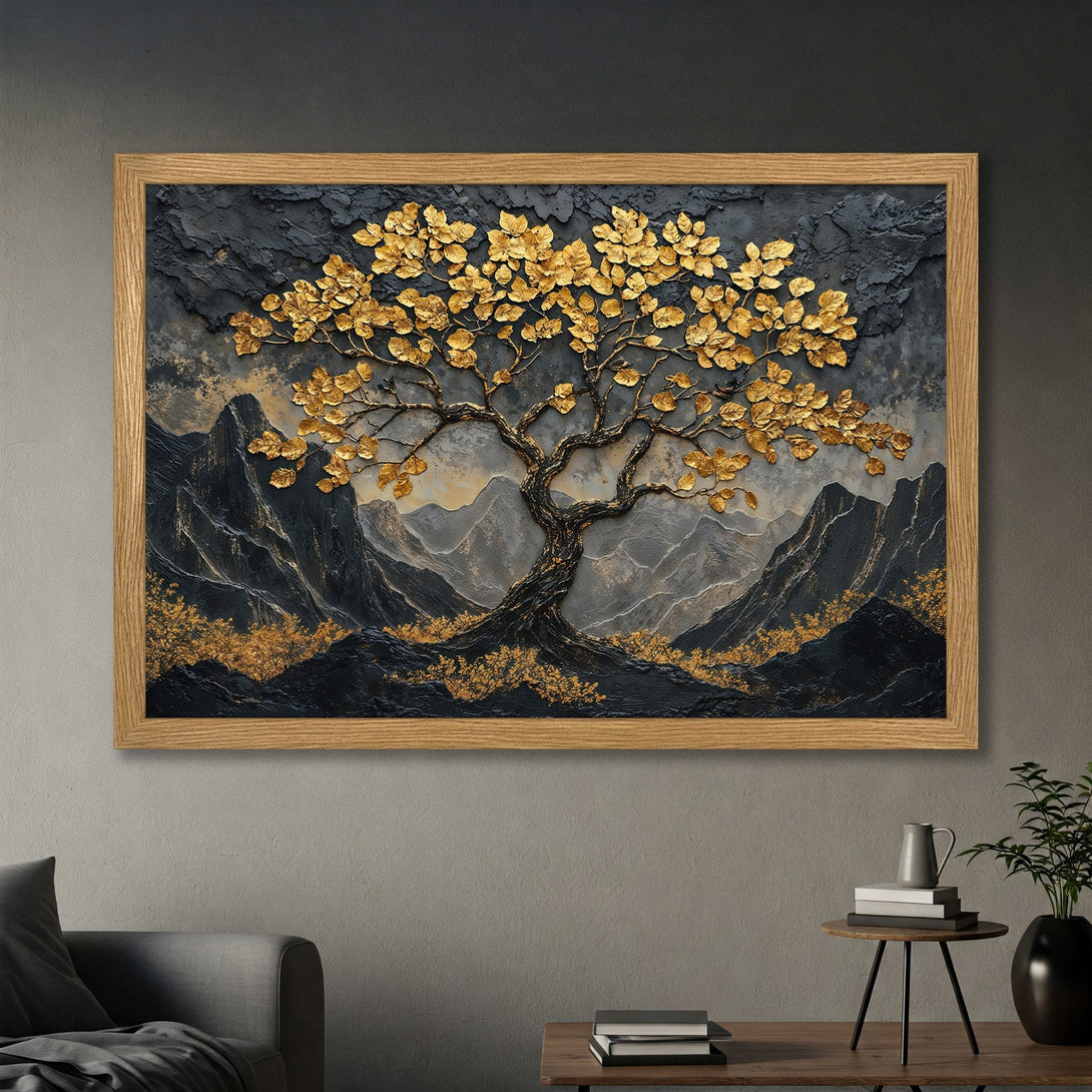 Framed Poster featuring a gold leaf tree against a dark, textured background. Elegant style, gold and gray color palette. Perfect wall art.