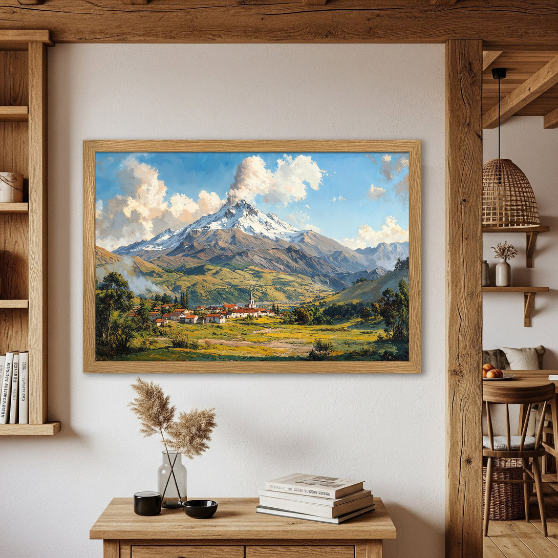 Framed Poster featuring a mountain landscape painting in a warm, natural color palette. Perfect wall art for any home.