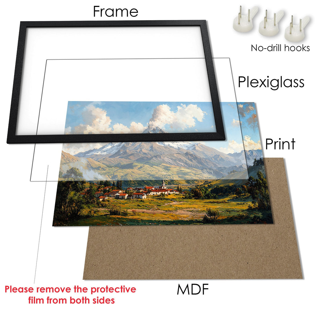 Framed Poster of a mountain landscape in a warm color palette. Perfect wall art for any room!