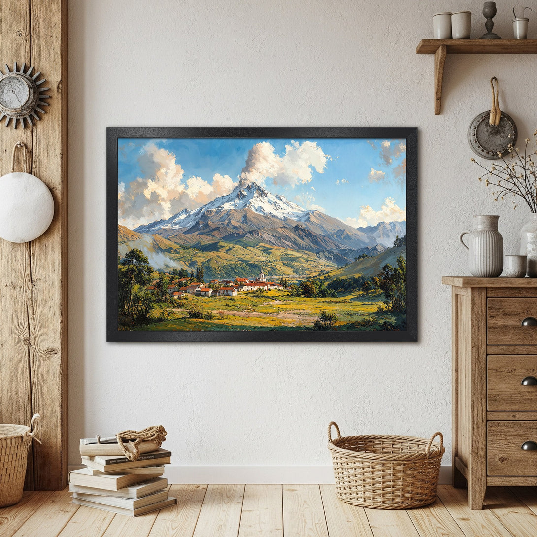 Framed Poster of mountain landscape in a classic painting style. Features a blue, green, and white color palette, perfect for home decor.