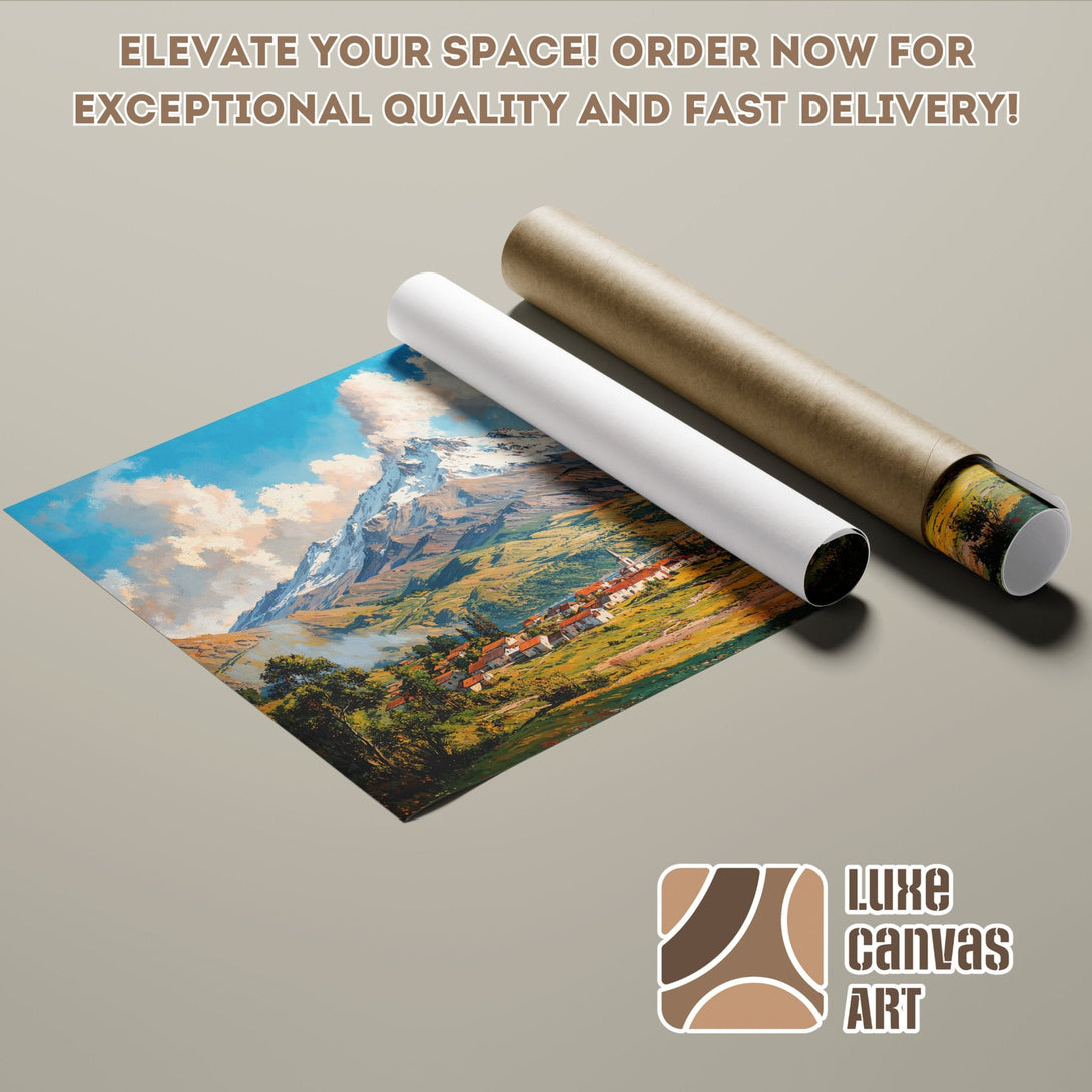Scenic Poster Roll featuring a mountain landscape painting in vibrant blues and greens. Elevate your space!
