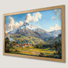 Mountain Village Scene Art Poster - Snowy Peaks Landscape Decor