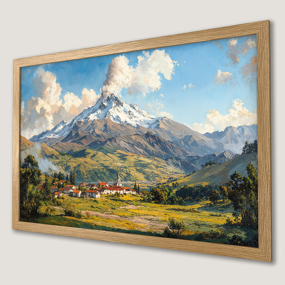 Framed Poster of a mountain landscape in a classic painting style with a warm color palette. Perfect wall art!