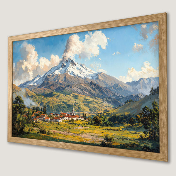 Framed Poster of a mountain landscape in a classic painting style with a warm color palette. Perfect wall art!