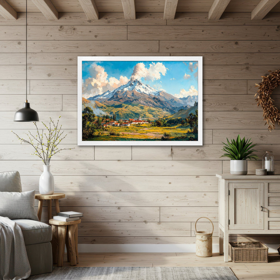 Framed Poster of a mountain landscape in a vibrant, impressionistic style with a blue, green, and yellow color palette. Perfect wall art!