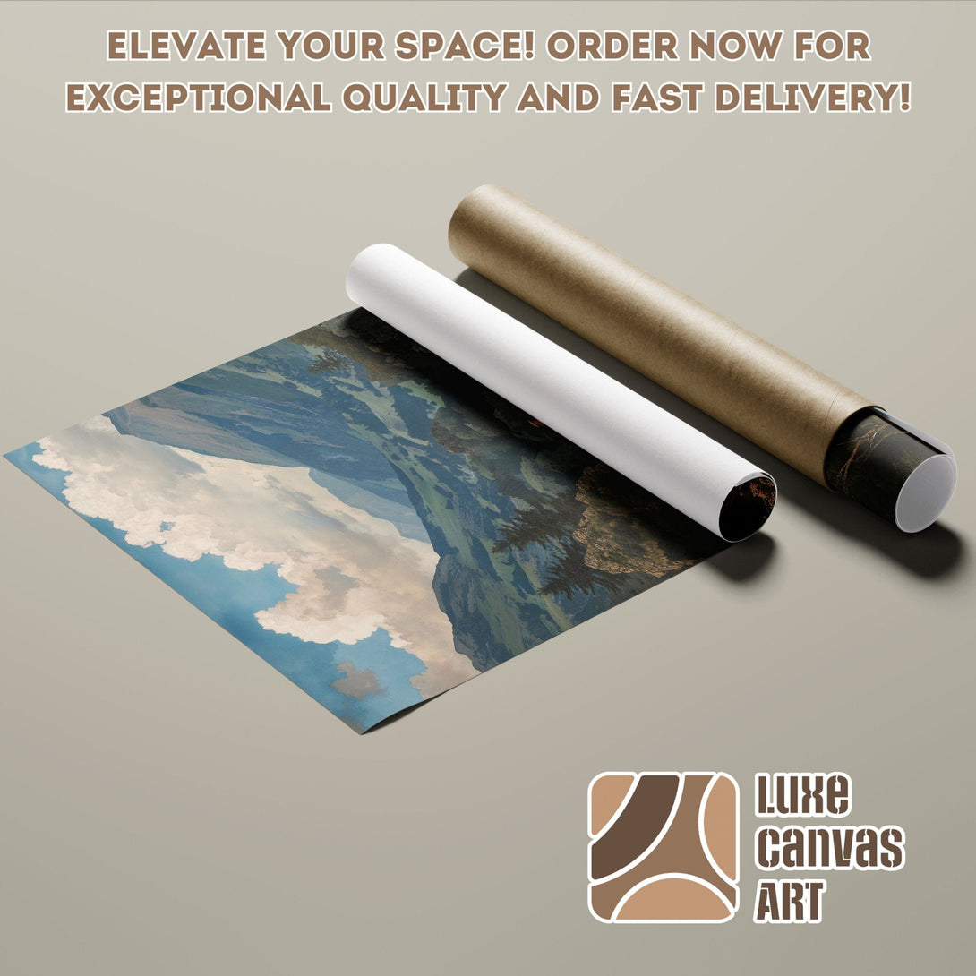 Poster Roll featuring a landscape painting with blue, green, and neutral tones. Elevate your space with art!