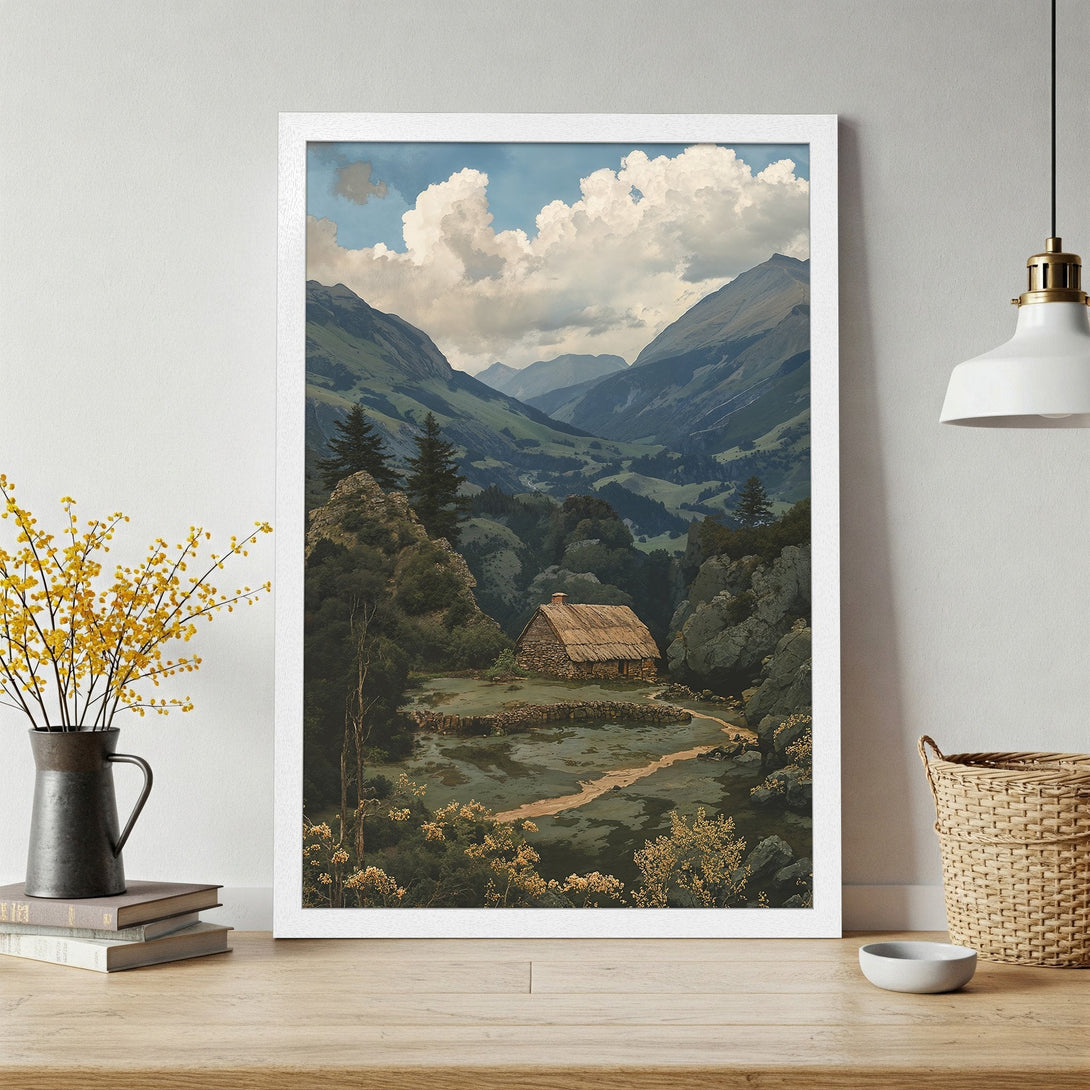 Framed Poster of a serene mountain landscape with a cabin. Earthy tones and a vintage style create a calming aesthetic. Perfect wall art!