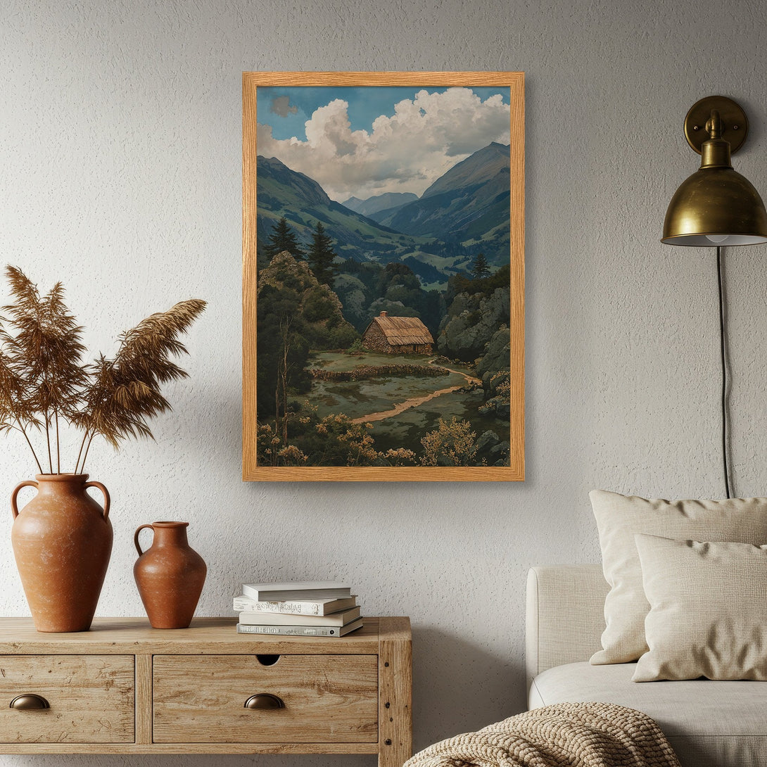 Framed Poster of a serene mountain landscape painting in a warm, natural color palette. Perfect wall art for a cozy home.