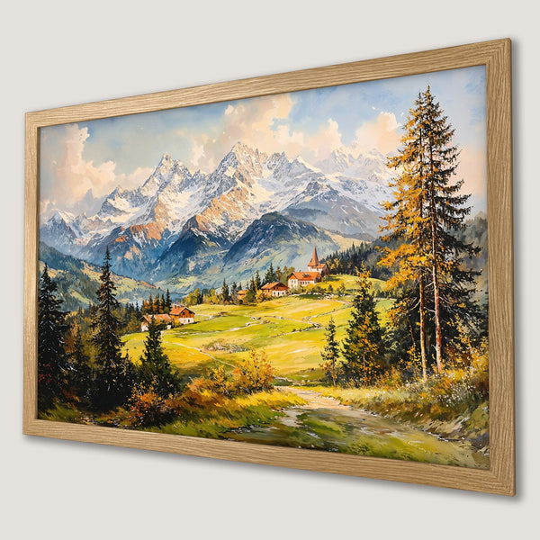 Framed Poster of a stunning mountain landscape painting. Featuring a vibrant color palette and a classic style. Perfect wall art!