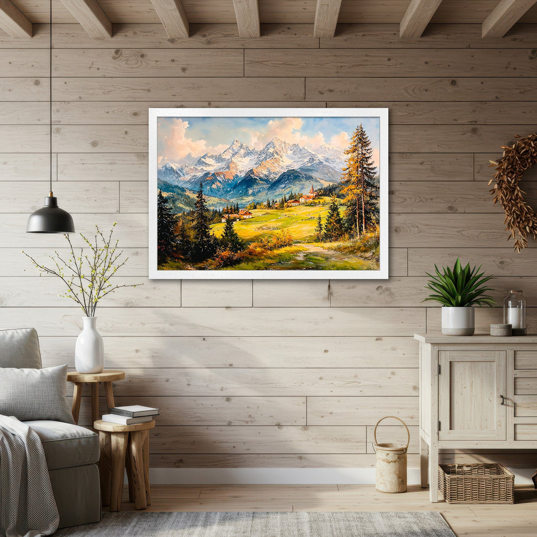 Framed Poster of a mountain landscape painting in a warm, inviting color palette. Perfect art for home decor.
