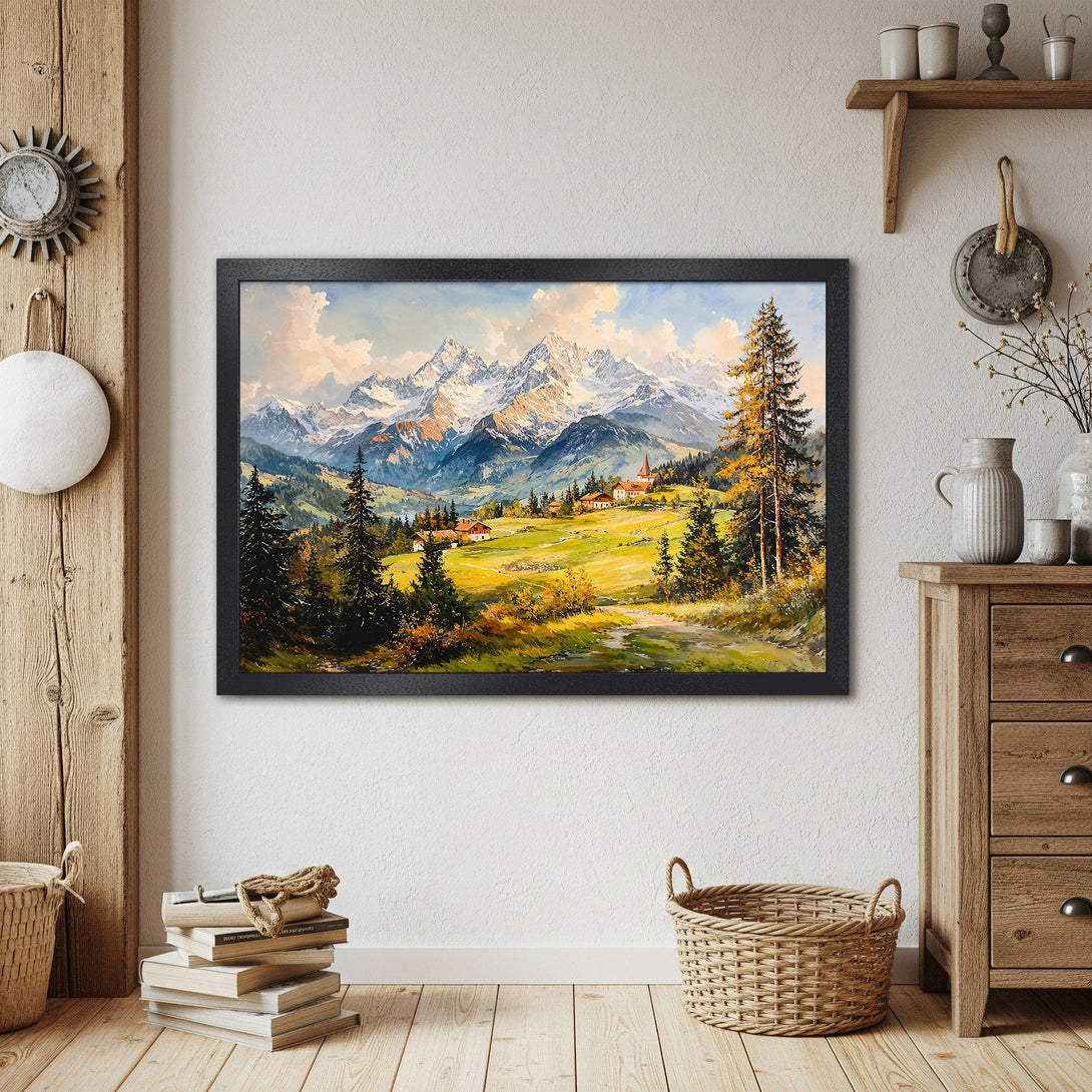 Framed Poster of a mountain landscape painting, featuring a vibrant color palette of blues, greens, and yellows. Perfect wall art!