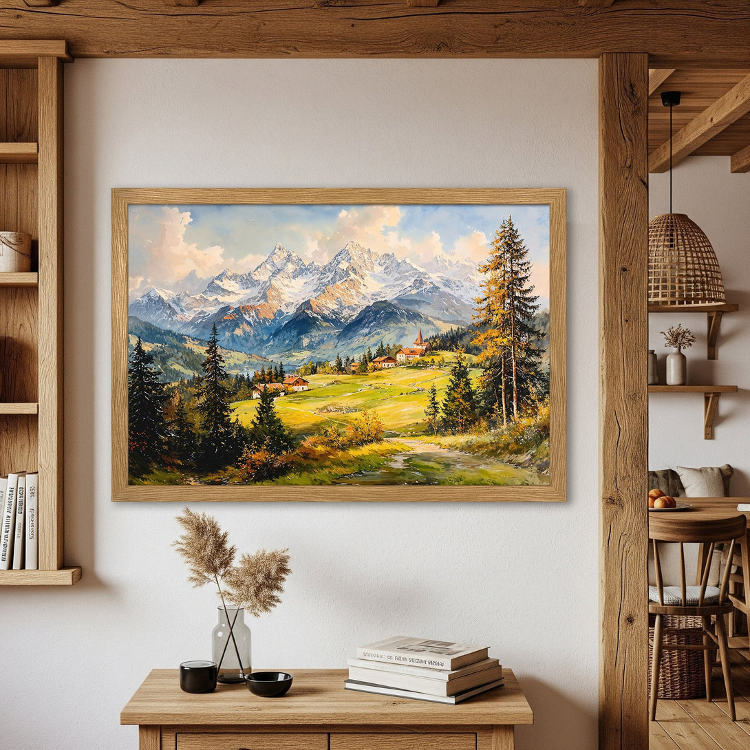 Framed Poster of a mountain landscape painting in a warm color palette. Rustic style perfect for home decor.