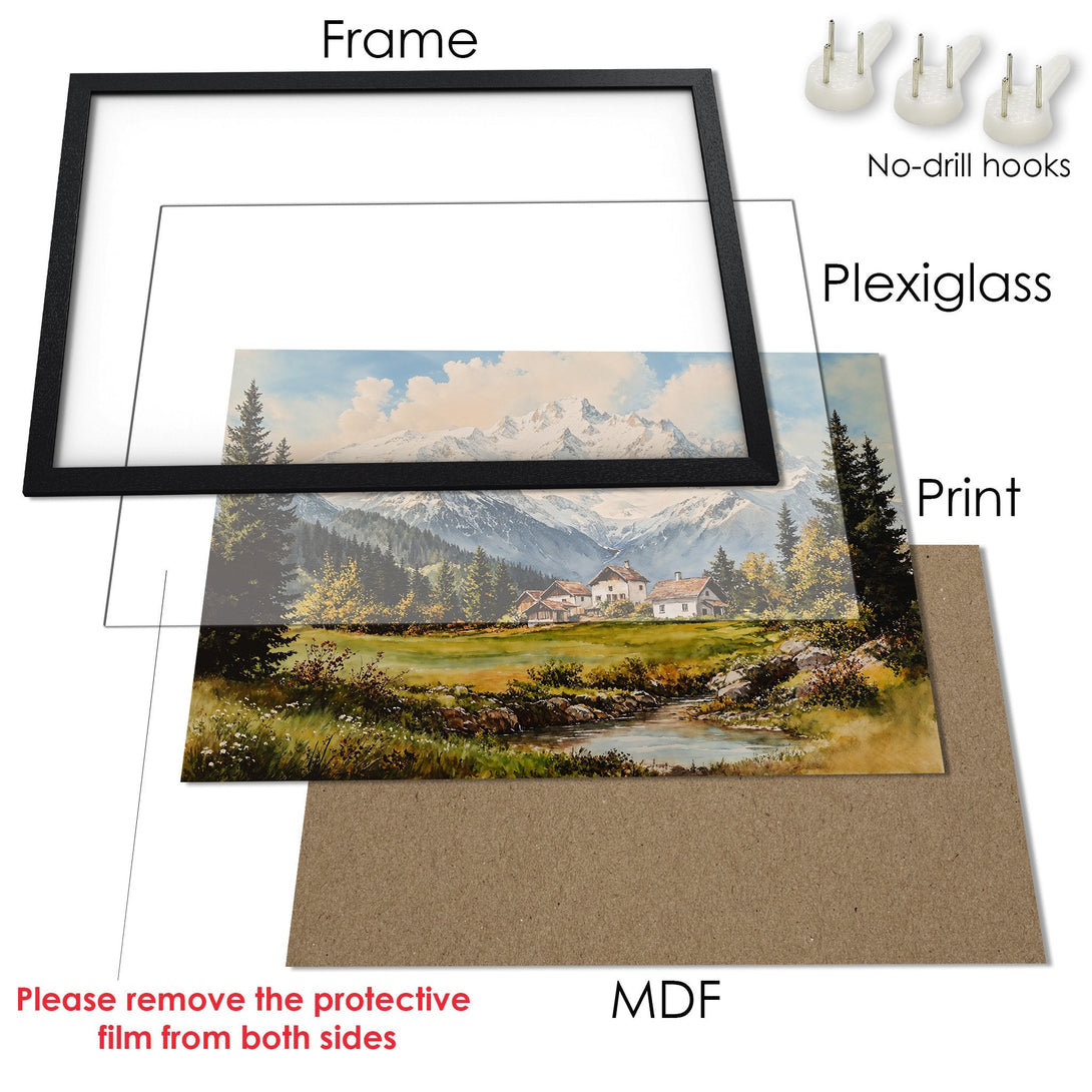 Framed Poster of a mountain landscape in watercolor style, featuring a serene color palette. Perfect for adding a touch of nature to your home!