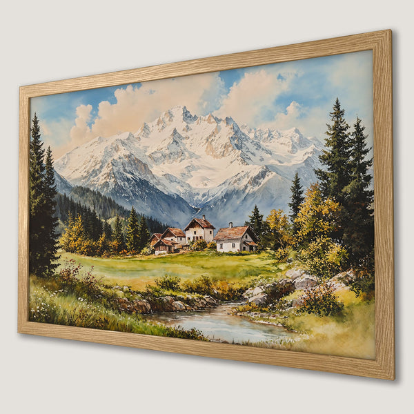 Framed Poster of a serene mountain landscape in watercolor style, featuring a cabin. Earthy tones create a calming atmosphere.