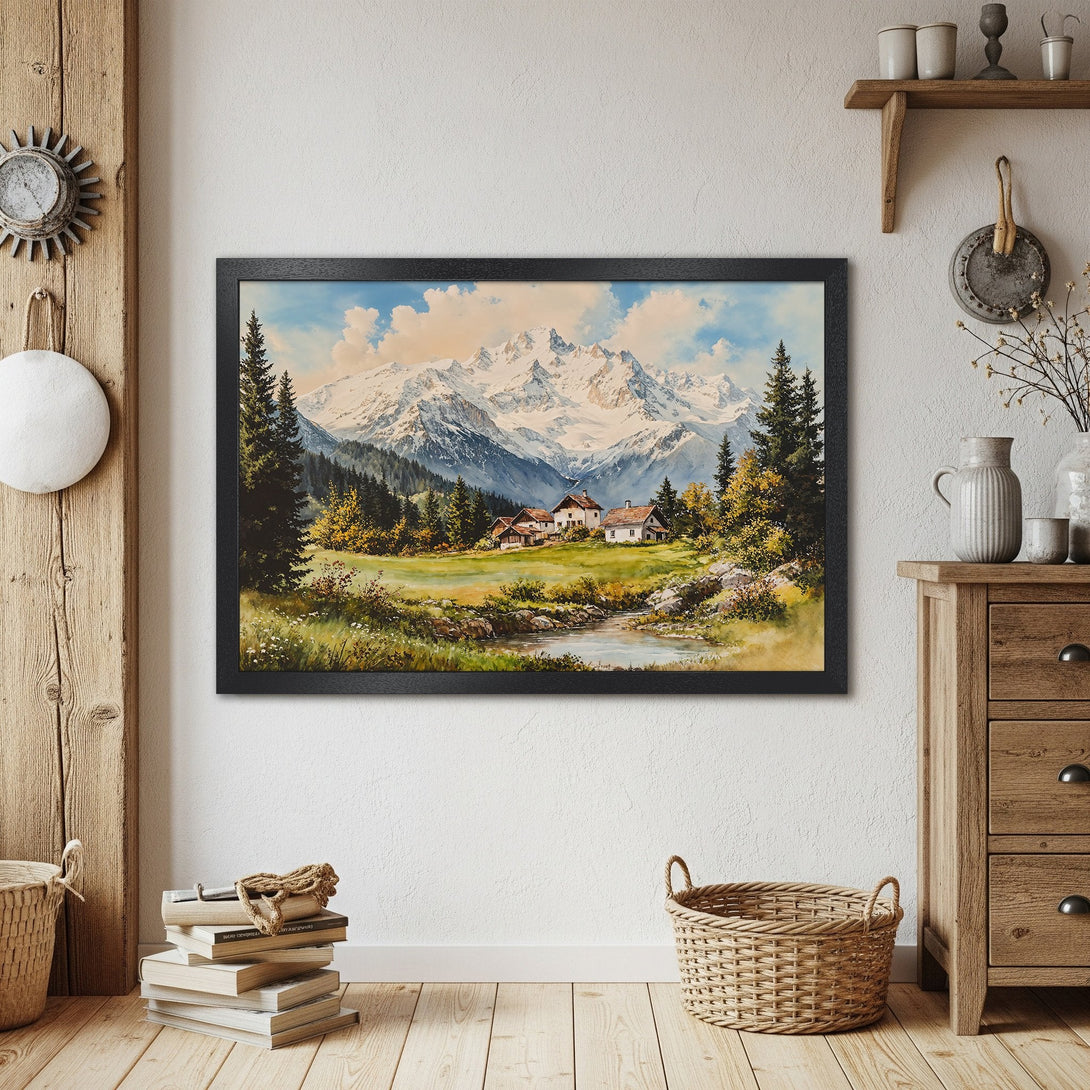 Framed Poster of a mountain landscape in watercolor style, featuring a serene color palette of blues, greens, and whites.