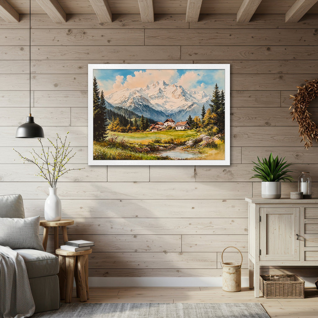 Framed Poster featuring a watercolor landscape of mountains and a village. Earthy tones and a serene style for home decor.