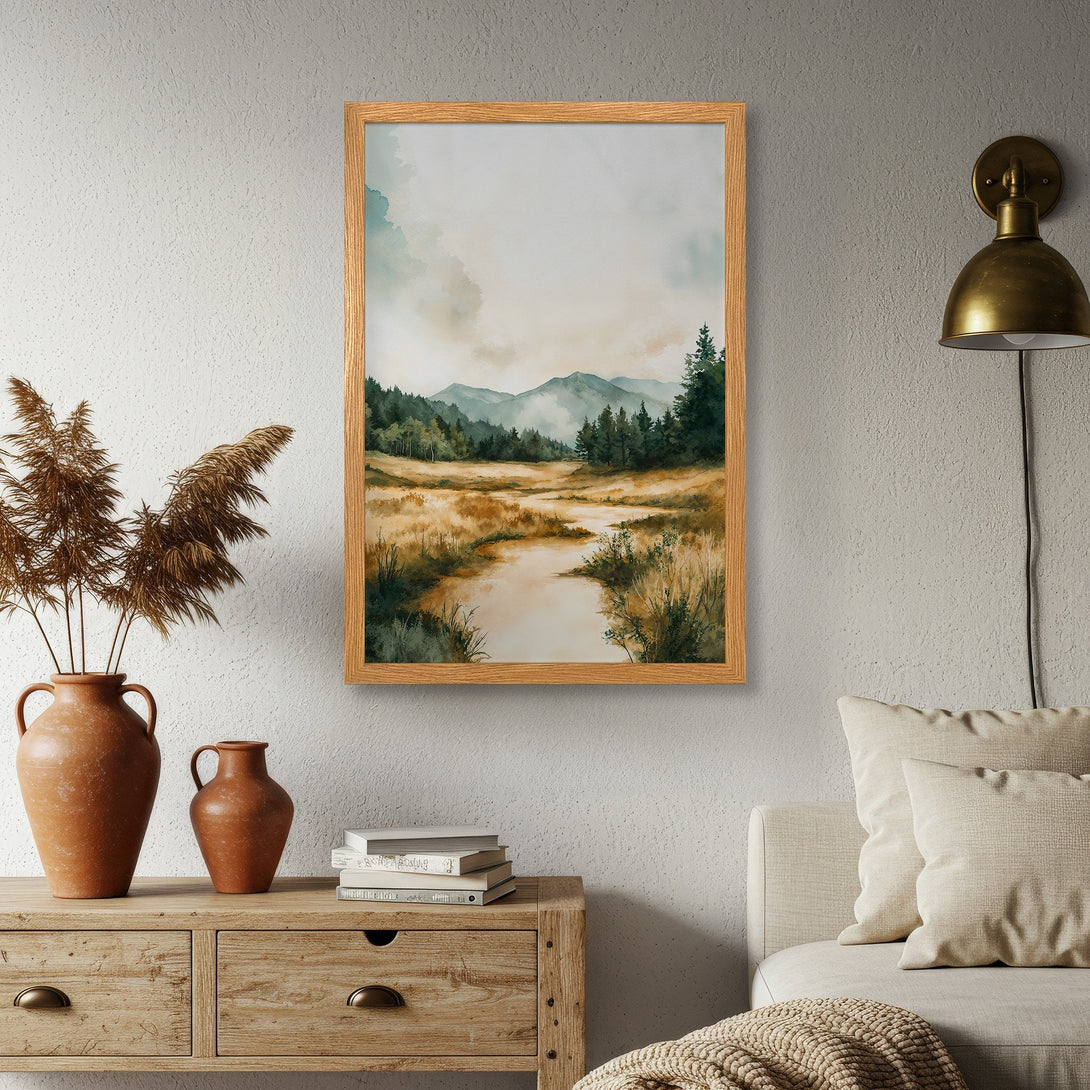 Framed Poster of a serene landscape painting in watercolor style, featuring a river, mountains, and trees. Earthy tones create a calming aesthetic.