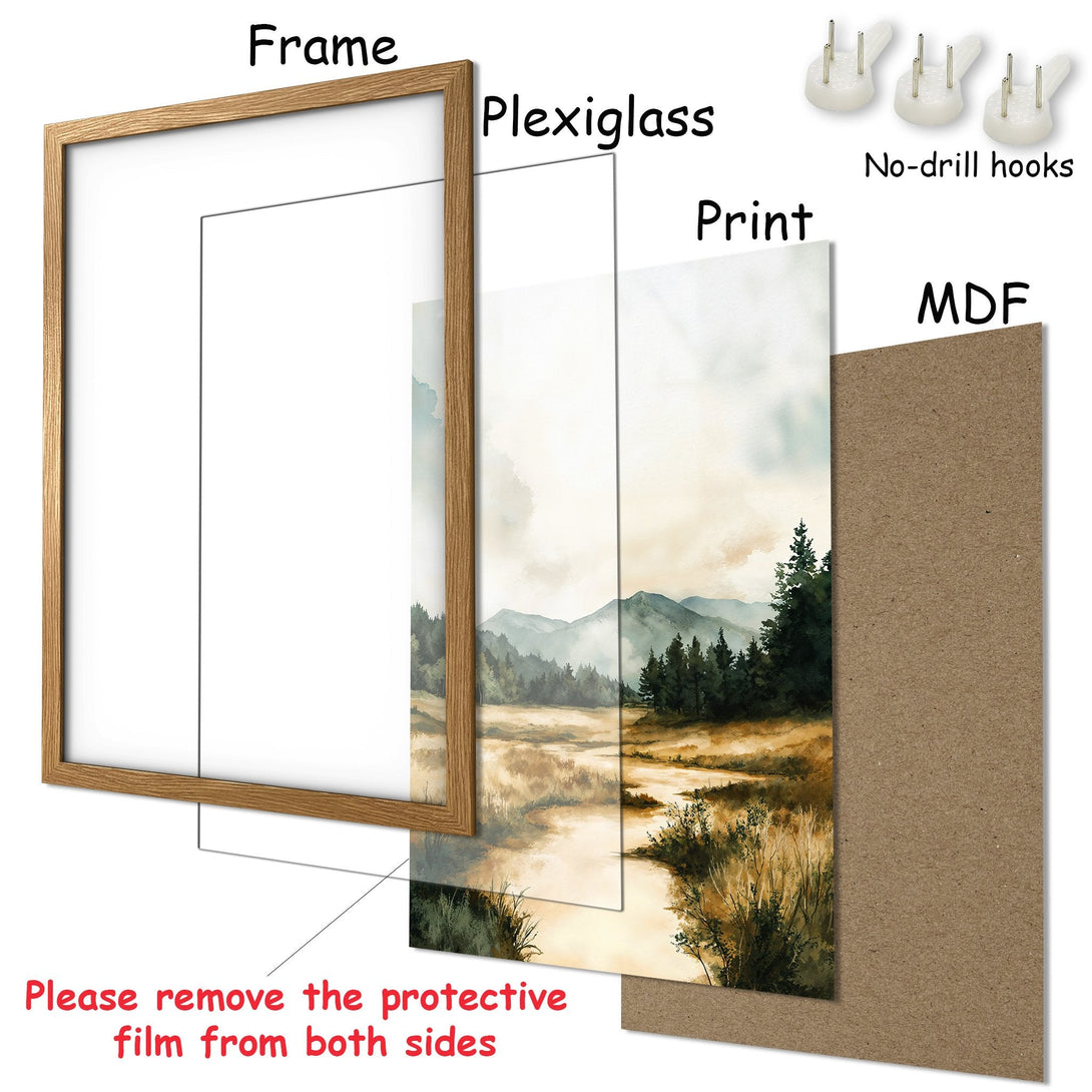 Framed Poster of a serene landscape in watercolor style. Featuring a natural color palette with greens, browns, and blues. Perfect wall art!