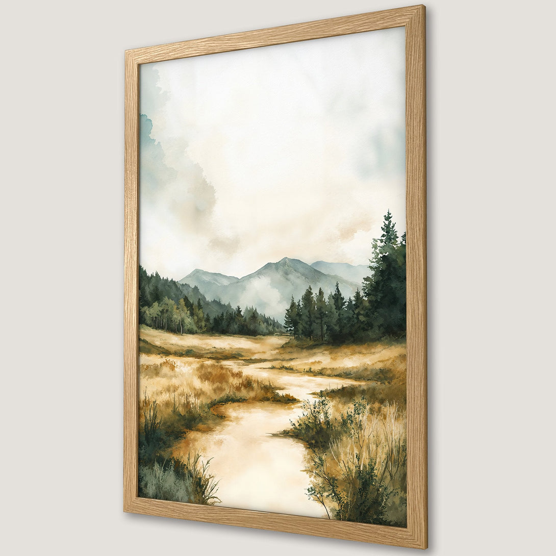 Framed Poster of a serene landscape painting with mountains, river, and trees. Watercolor style, earthy tones. Perfect wall art!