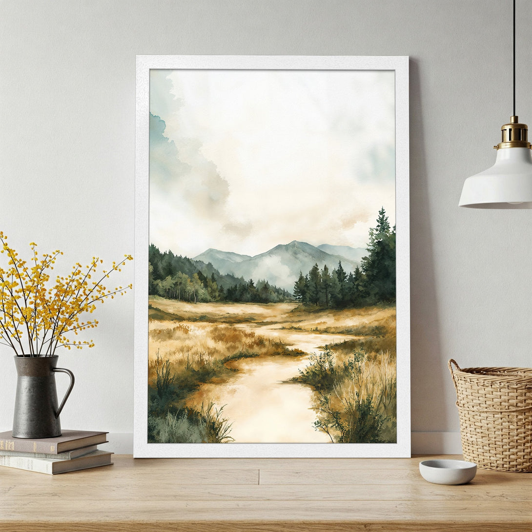 Framed Poster featuring a watercolor landscape with mountains and trees. Earthy tones and soft, artistic style. Perfect wall art!