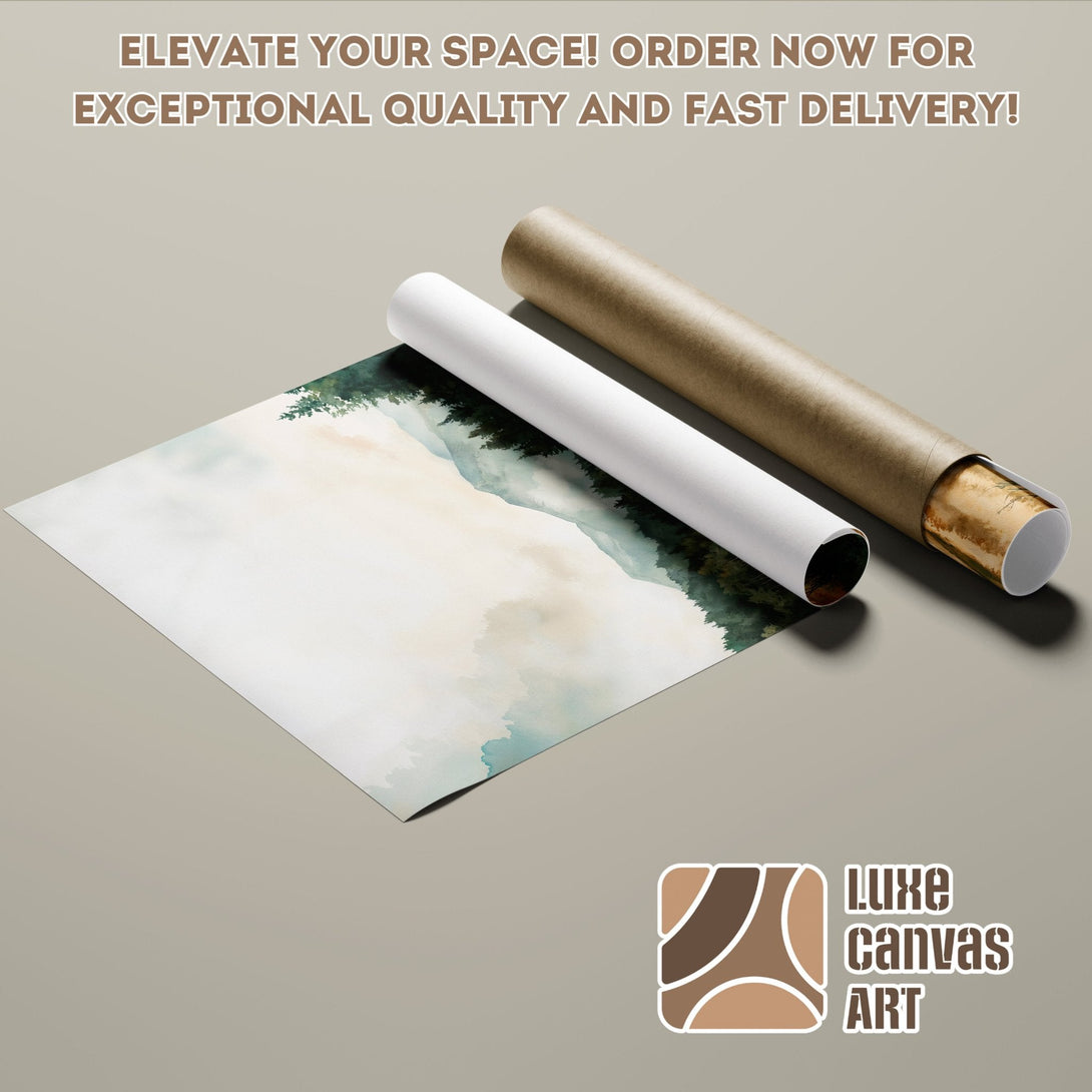 Poster Roll of watercolor landscape art in muted greens & beige. Elevate your space!
