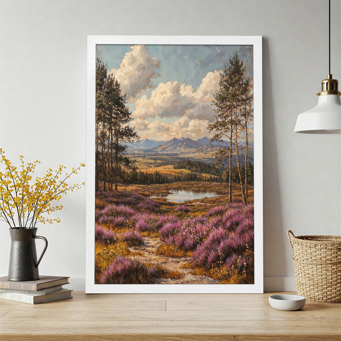Framed Poster of a serene landscape painting with purple heather and mountains. Beautiful art in a warm color palette.