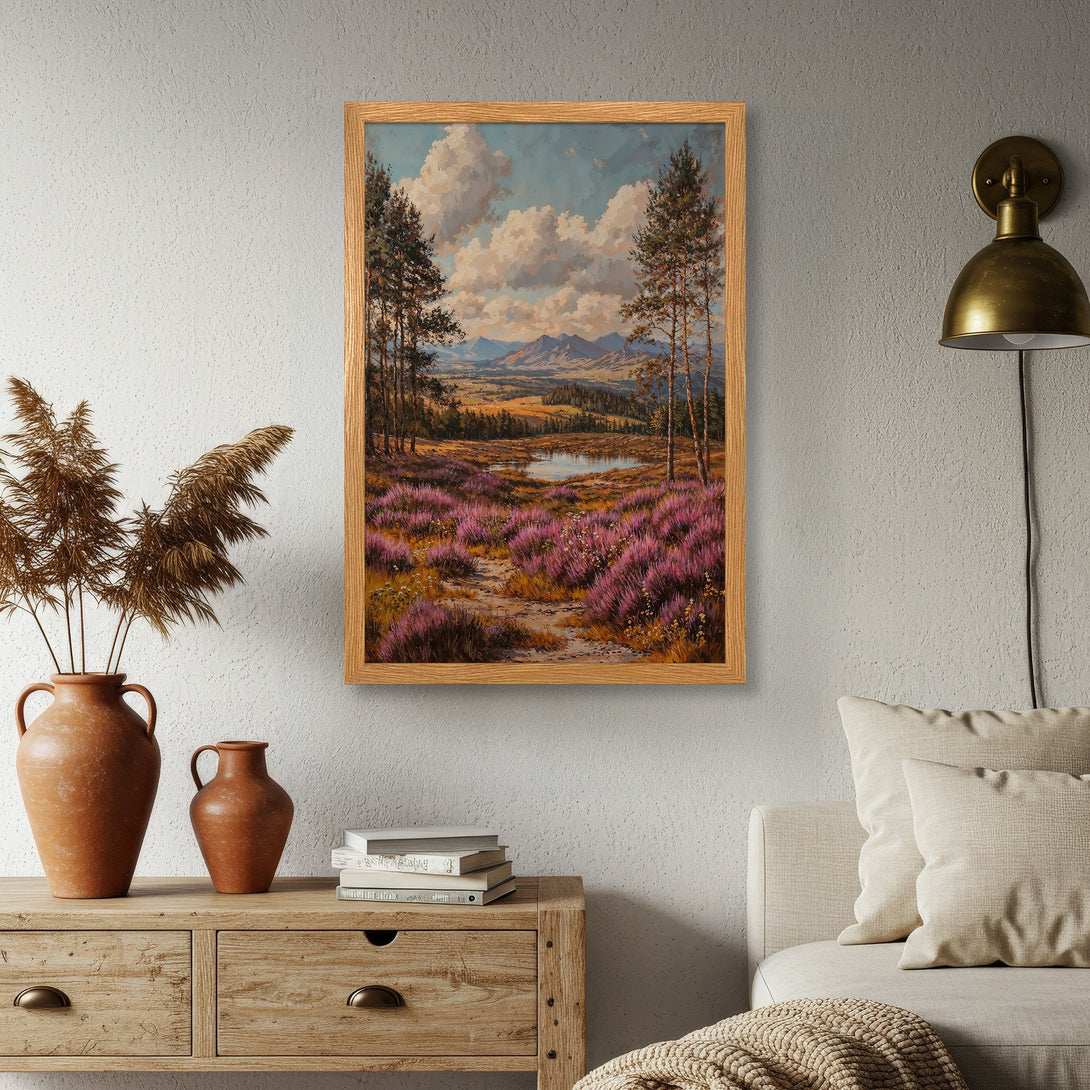 Framed Poster of a landscape painting. Features a vibrant purple field, trees, and mountains. Warm, earthy color palette. Perfect wall art.