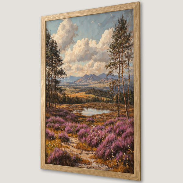Framed Poster of a scenic landscape painting with purple flowers, trees, and mountains in a warm color palette.
