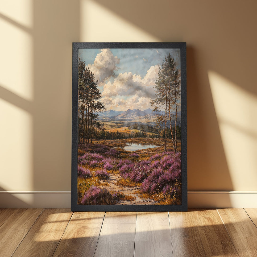 Framed Poster of a scenic landscape painting with purple flowers, trees, and mountains. Warm color palette. Perfect wall art!
