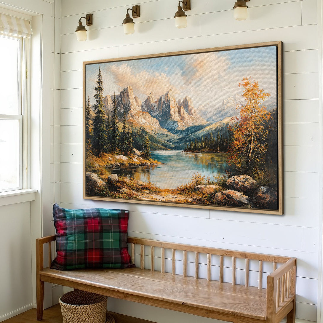 Framed Wall Art: Mountain landscape canvas print with warm autumn colors. Rustic style art for a cozy interior.