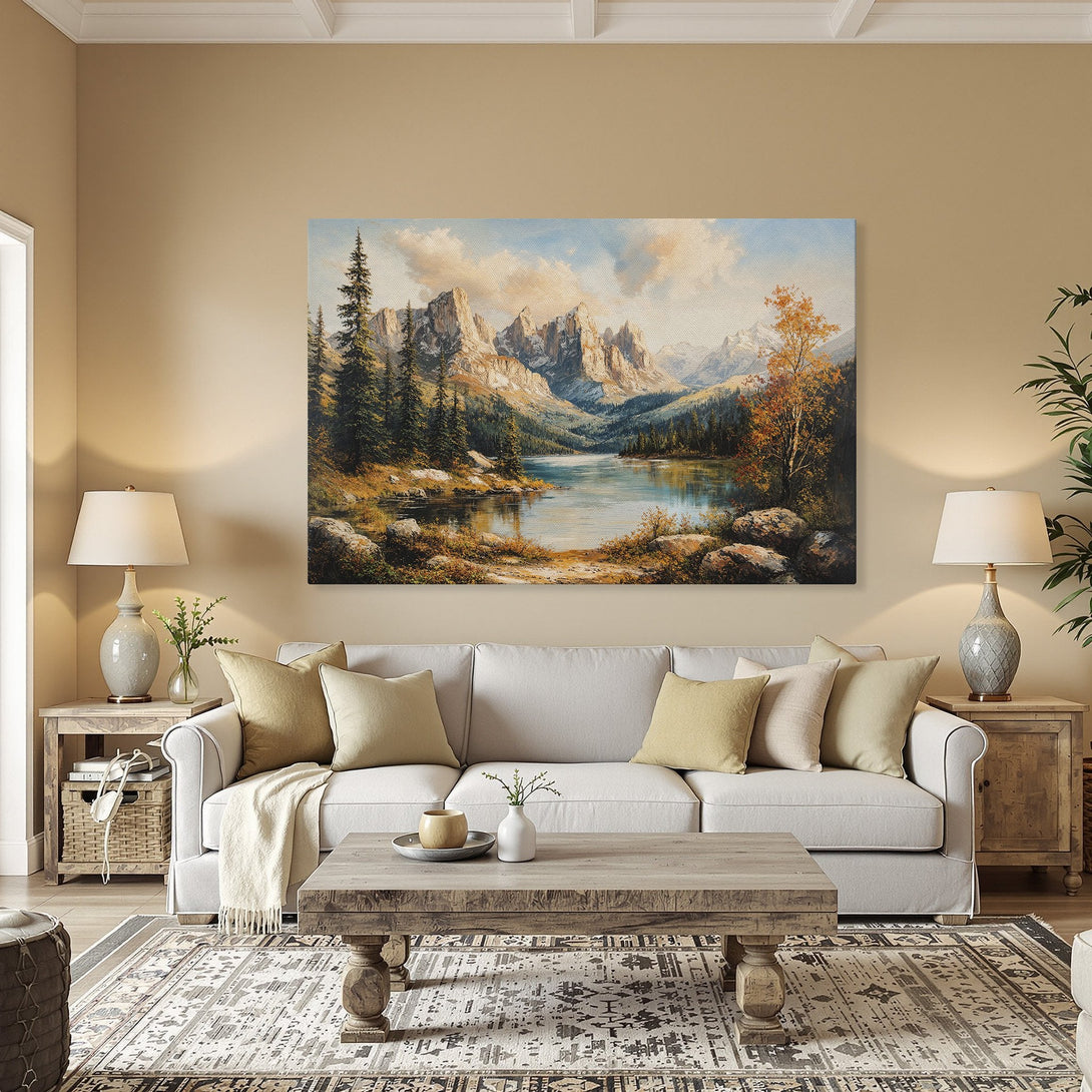 Framed Wall Art: Majestic mountain landscape Canvas Print in warm earth tones, perfect for adding a touch of nature to your home decor.