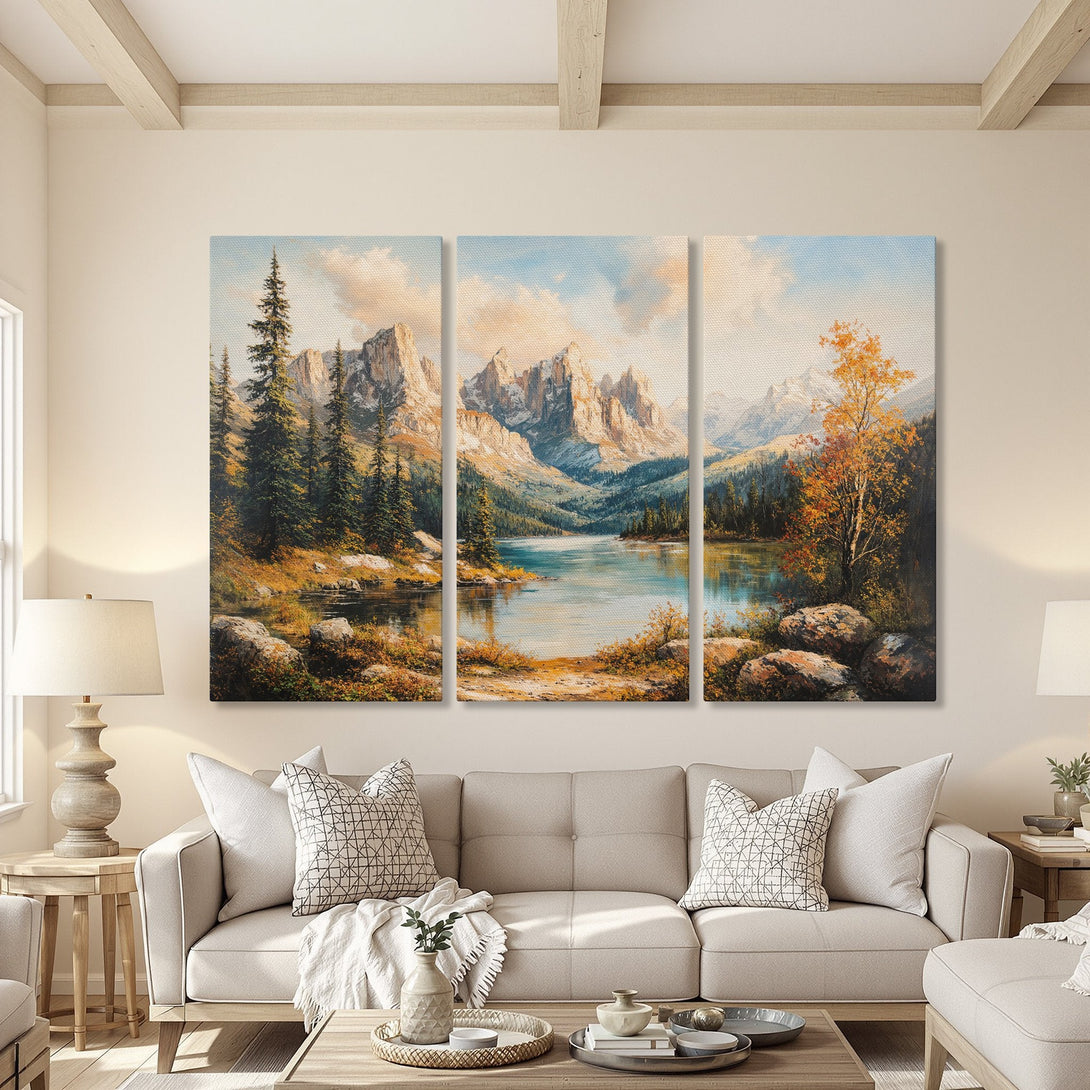Canvas Print of a mountain lake landscape painting in warm earth tones, perfect for adding a touch of nature to your home decor.