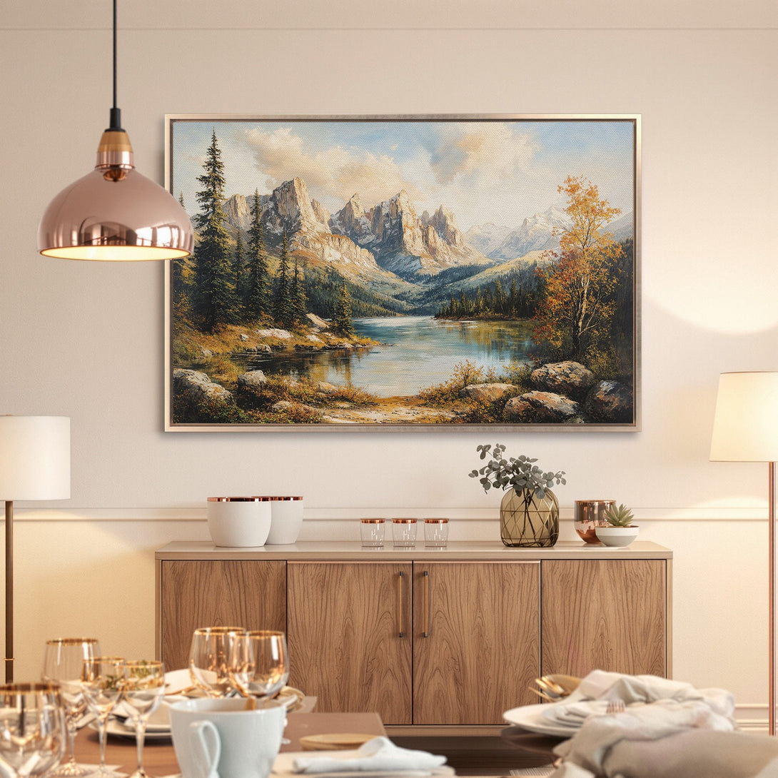Framed Wall Art: Mountain lake landscape painting, warm color palette with blues, greens, and golds. Perfect for adding a touch of nature to your home decor.