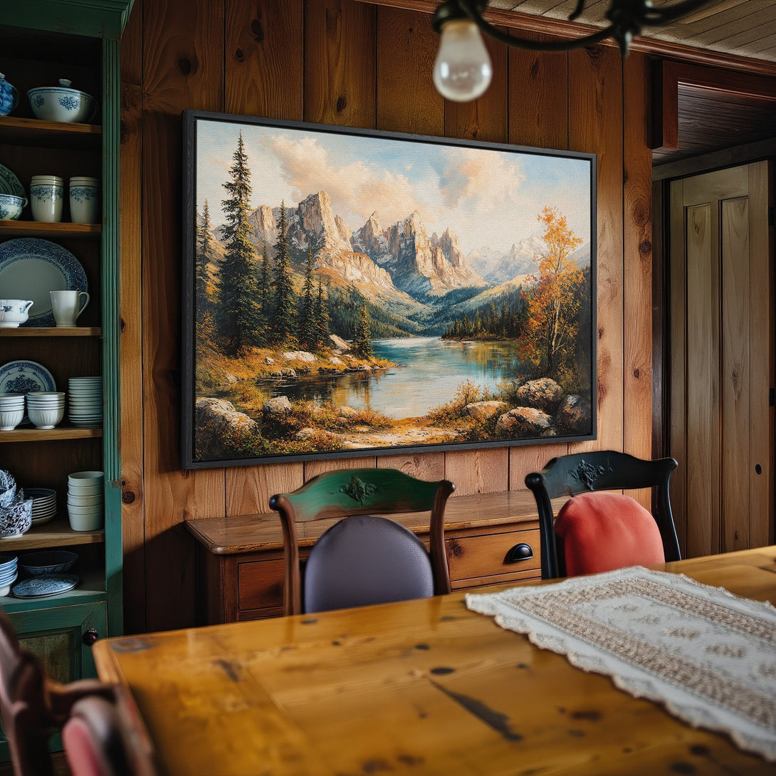 Framed Wall Art: Mountain landscape Canvas Print in warm tones. Rustic decor with a serene lake scene, perfect for adding nature's beauty to your home.