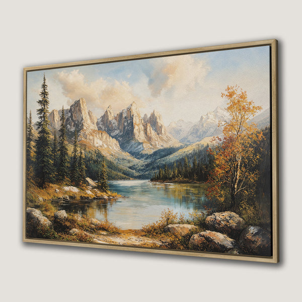 Framed Wall Art: Mountain lake landscape painting in warm earth tones. Rustic style canvas print for home decor. Bring nature's beauty indoors!